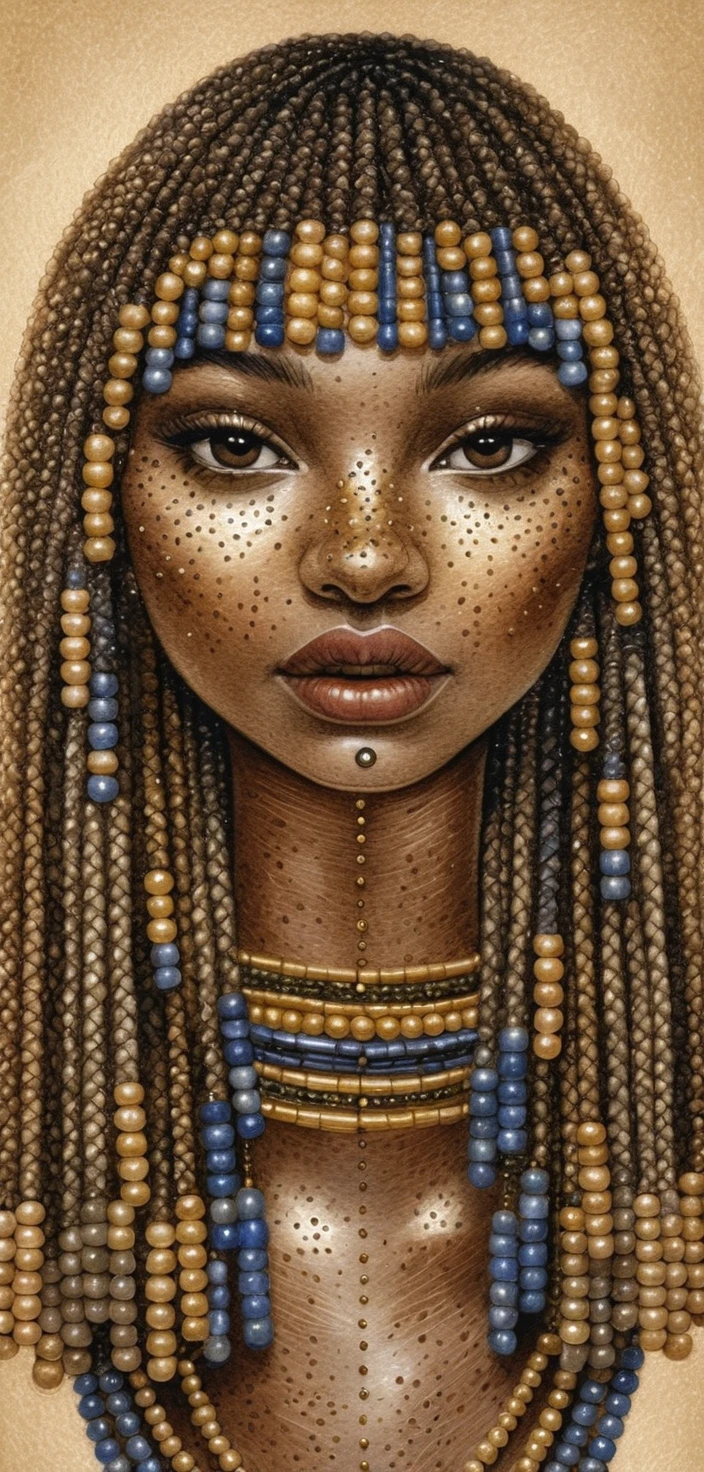 Nubian girl portrait with braids and golden beaded jewelry