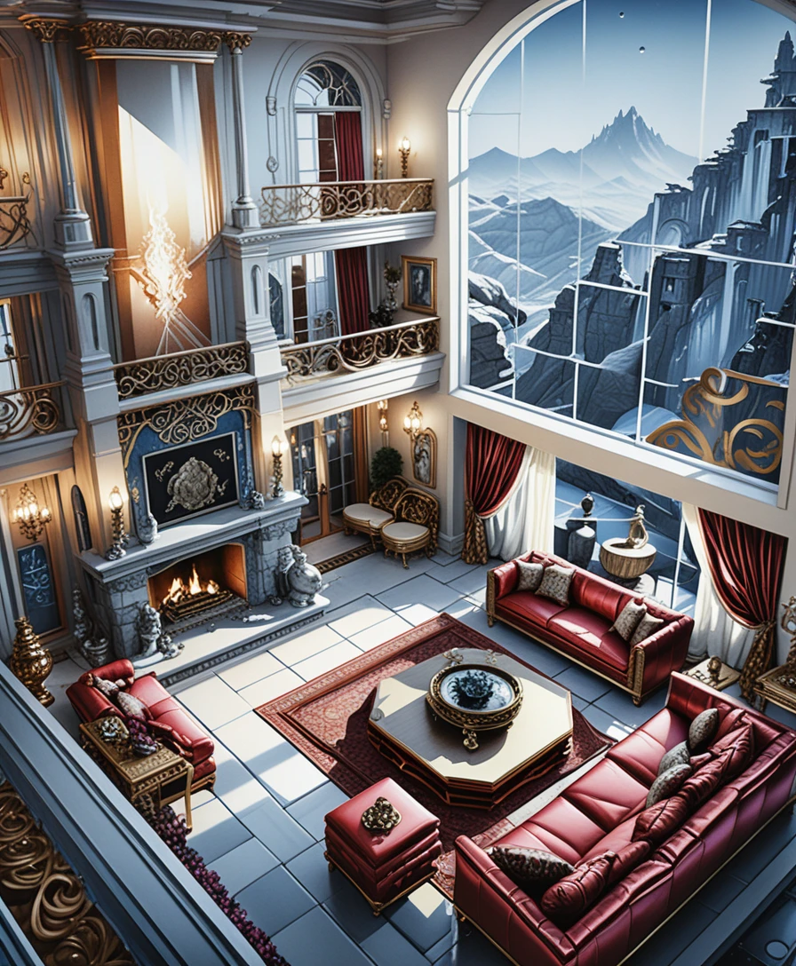 Isometric luxury stone villa interior in fantasy mountain setting