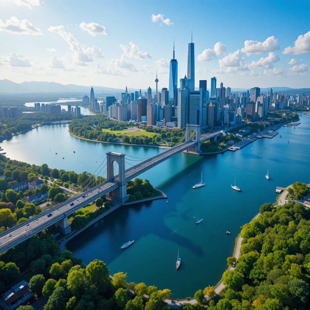 Horizonte urbano moderno junto a un lago azul con puente de torre