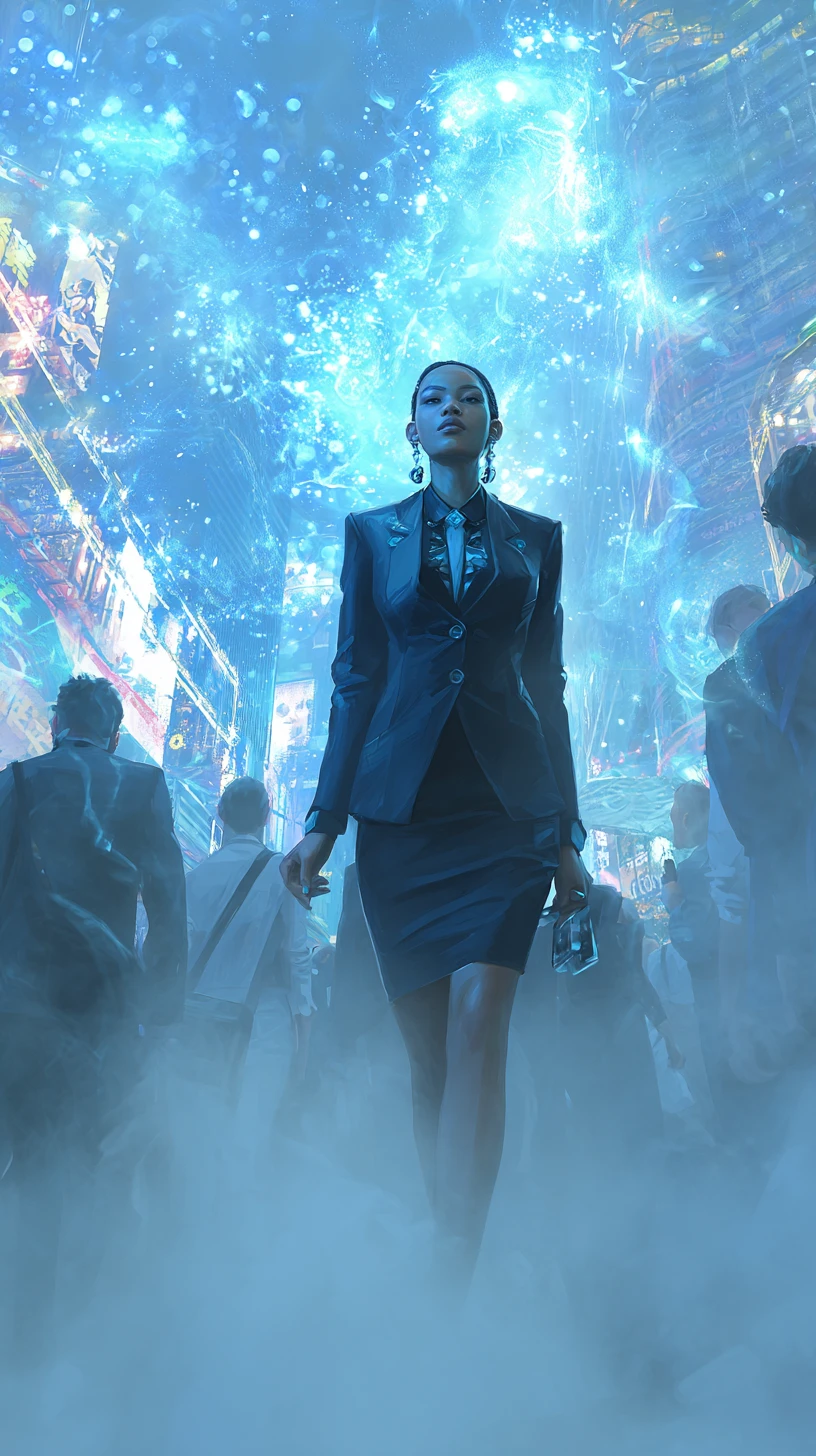 Schwarze Frau im Cyberpunk-Anzug geht durch belebte Innenstadtstraße