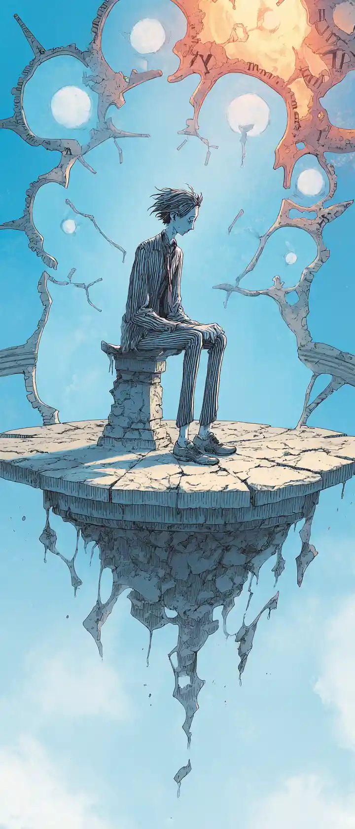 Heartbroken anime figure on melting clock floating in sky