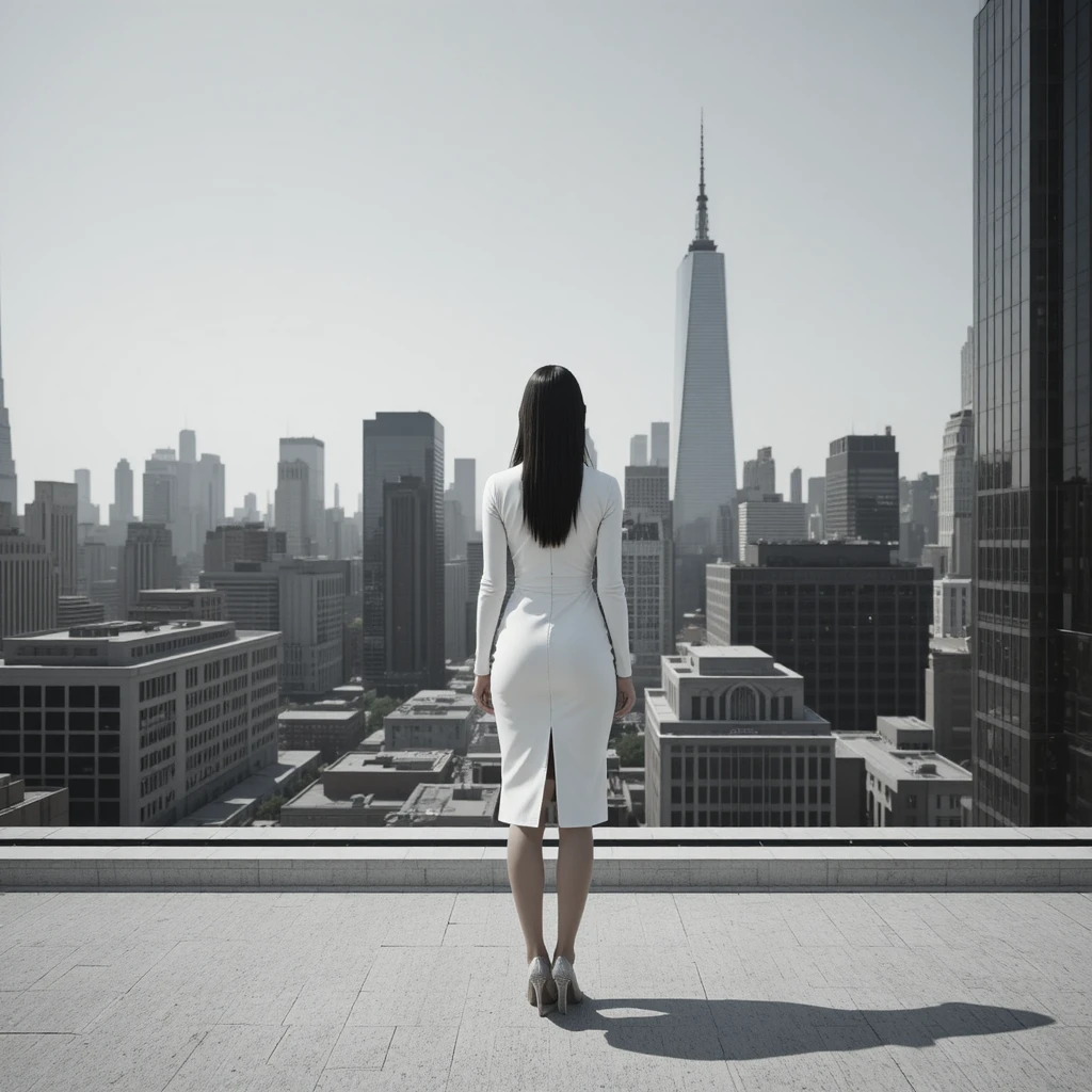 Frau in weißem Kleid auf sonniger Stadtdachterrasse