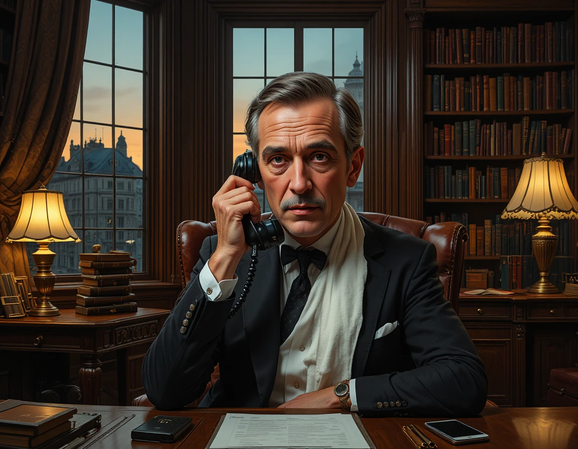 Homme en serviette répondant à un téléphone vintage dans un bureau sombre