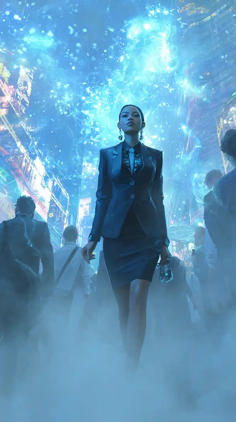 Ebony woman in cyberpunk suit walking through busy city street