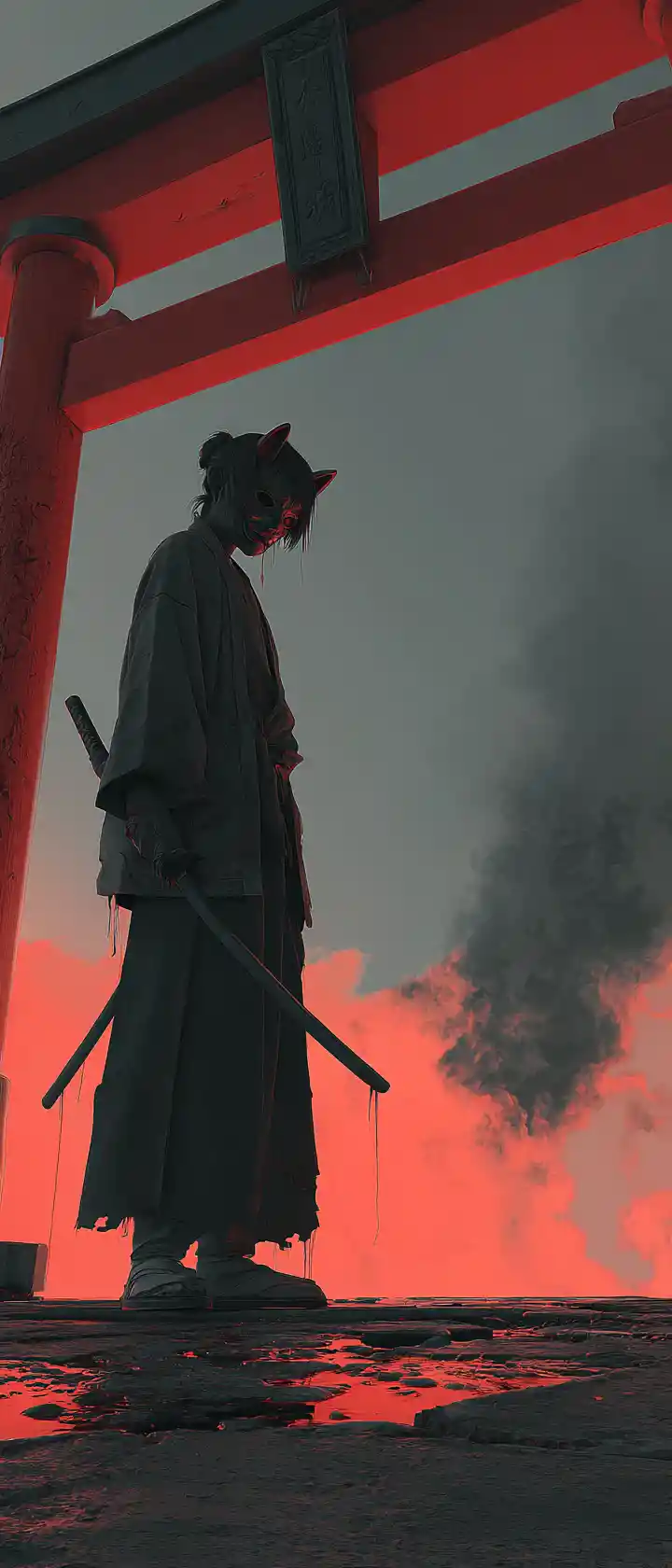 Samurai oni anime che riposa presso un antico torii all’alba