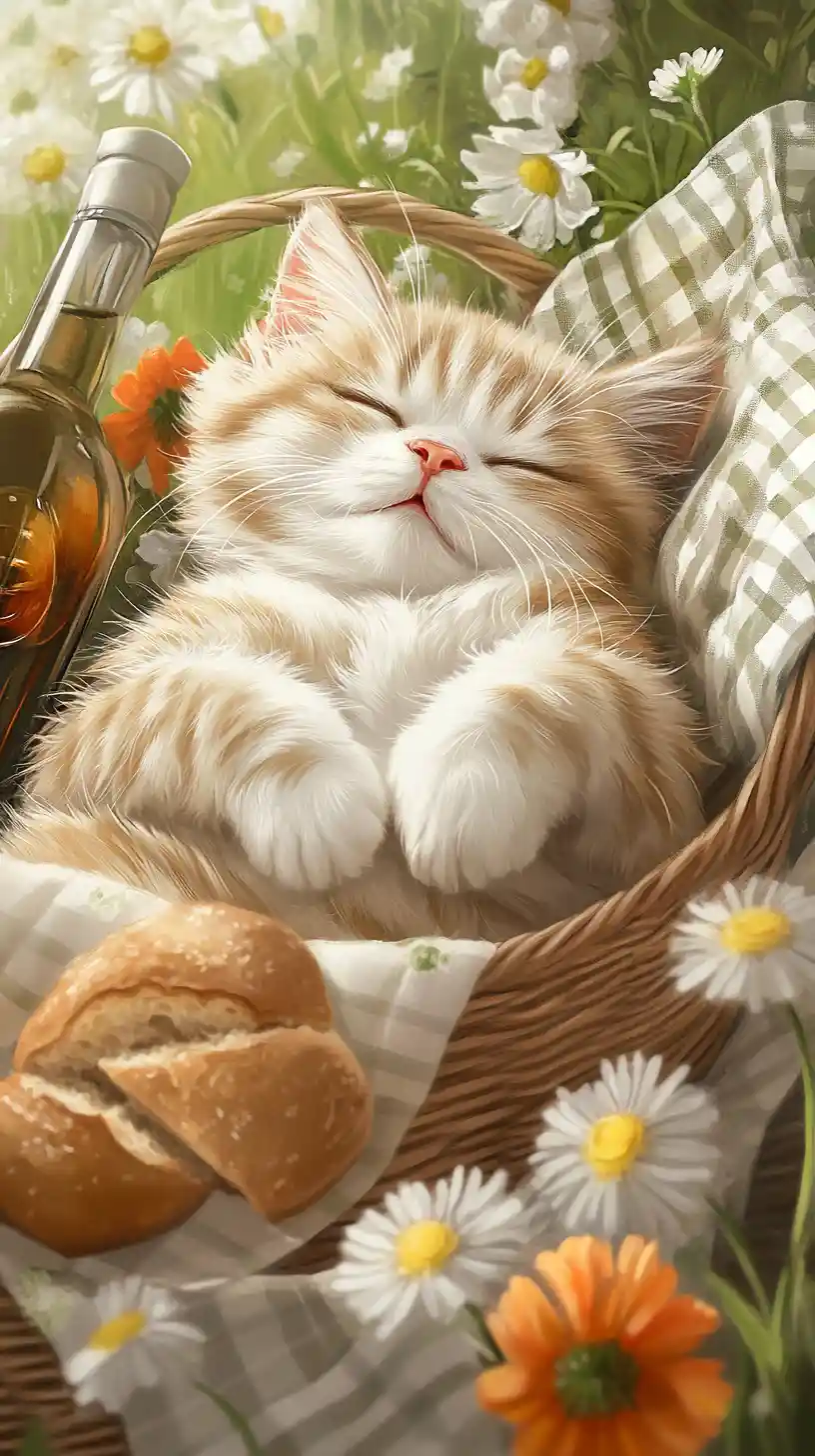 Chat tout doux faisant la sieste lors d’un pique-nique d’été cosy