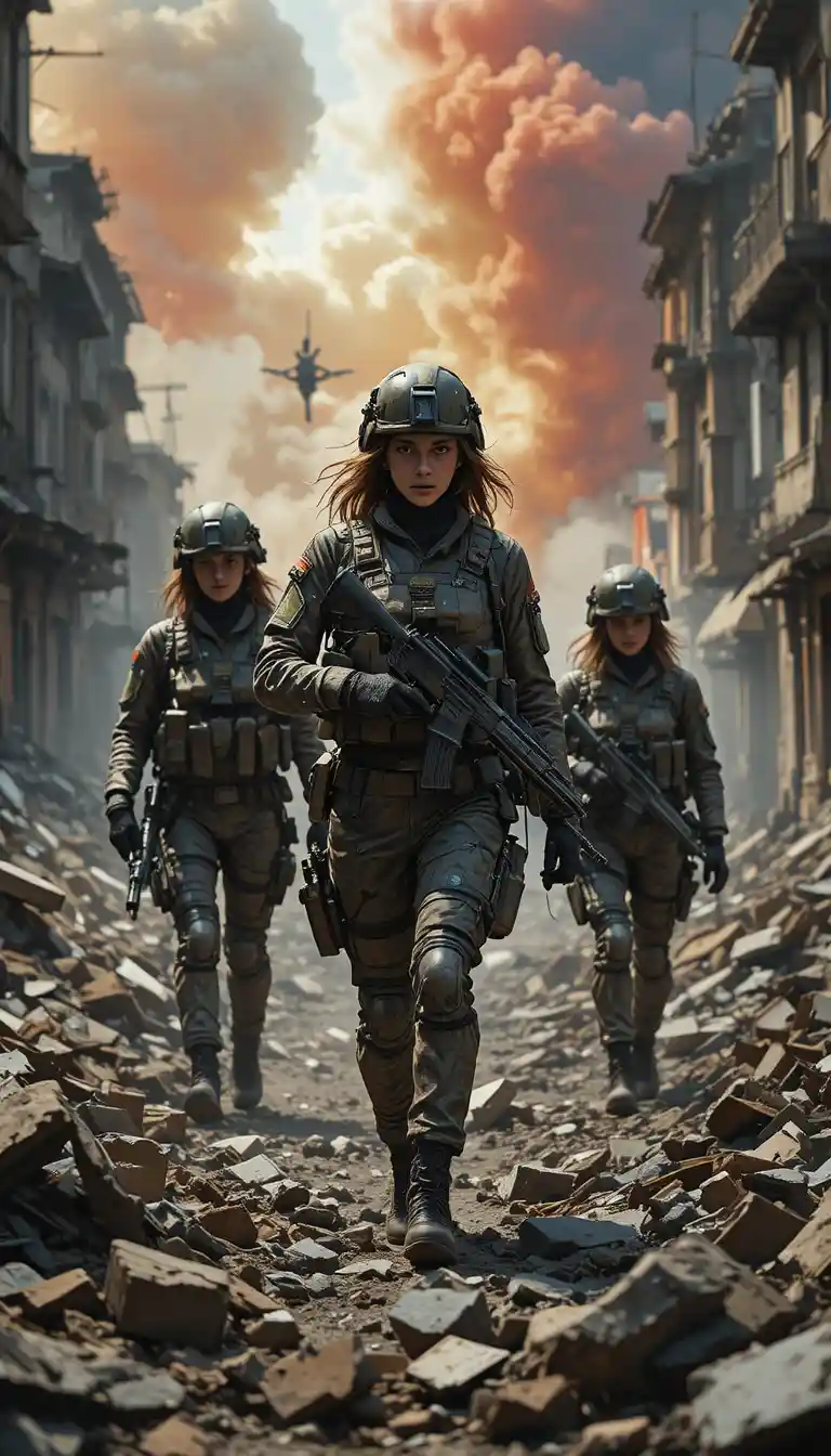 Three female soldiers move through a ruined war torn city