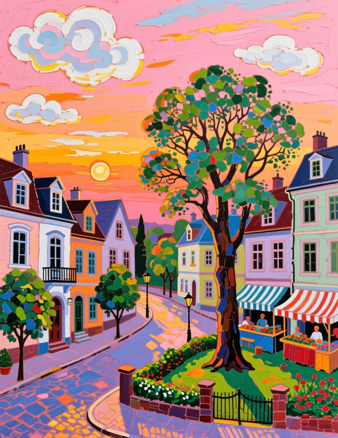 Bohemian oil painting of a lively small town at dawn