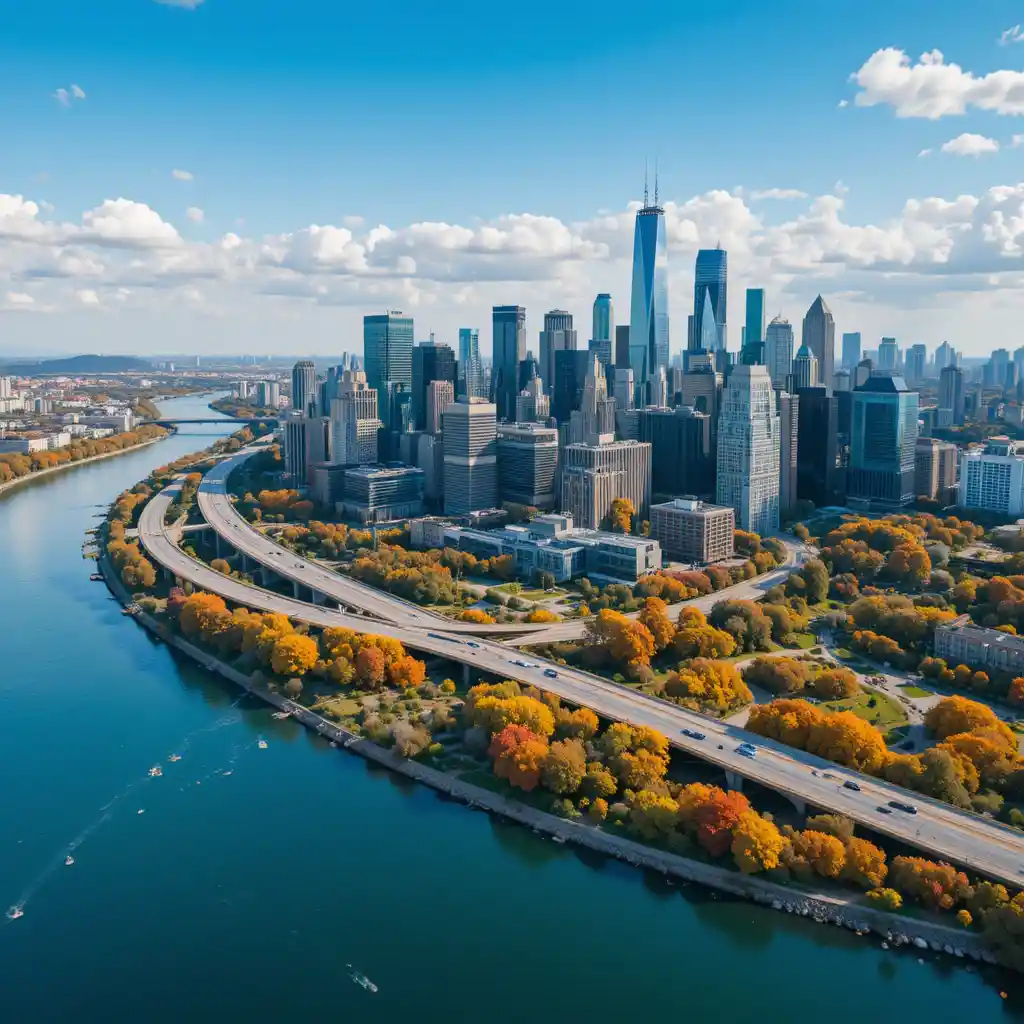 Horizonte urbano moderno con río, autopistas y parques de otoño
