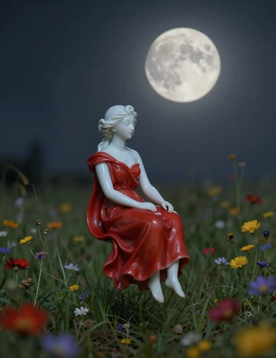 Mujer mística de rojo descansando en un prado de flores silvestres a la luz de la luna