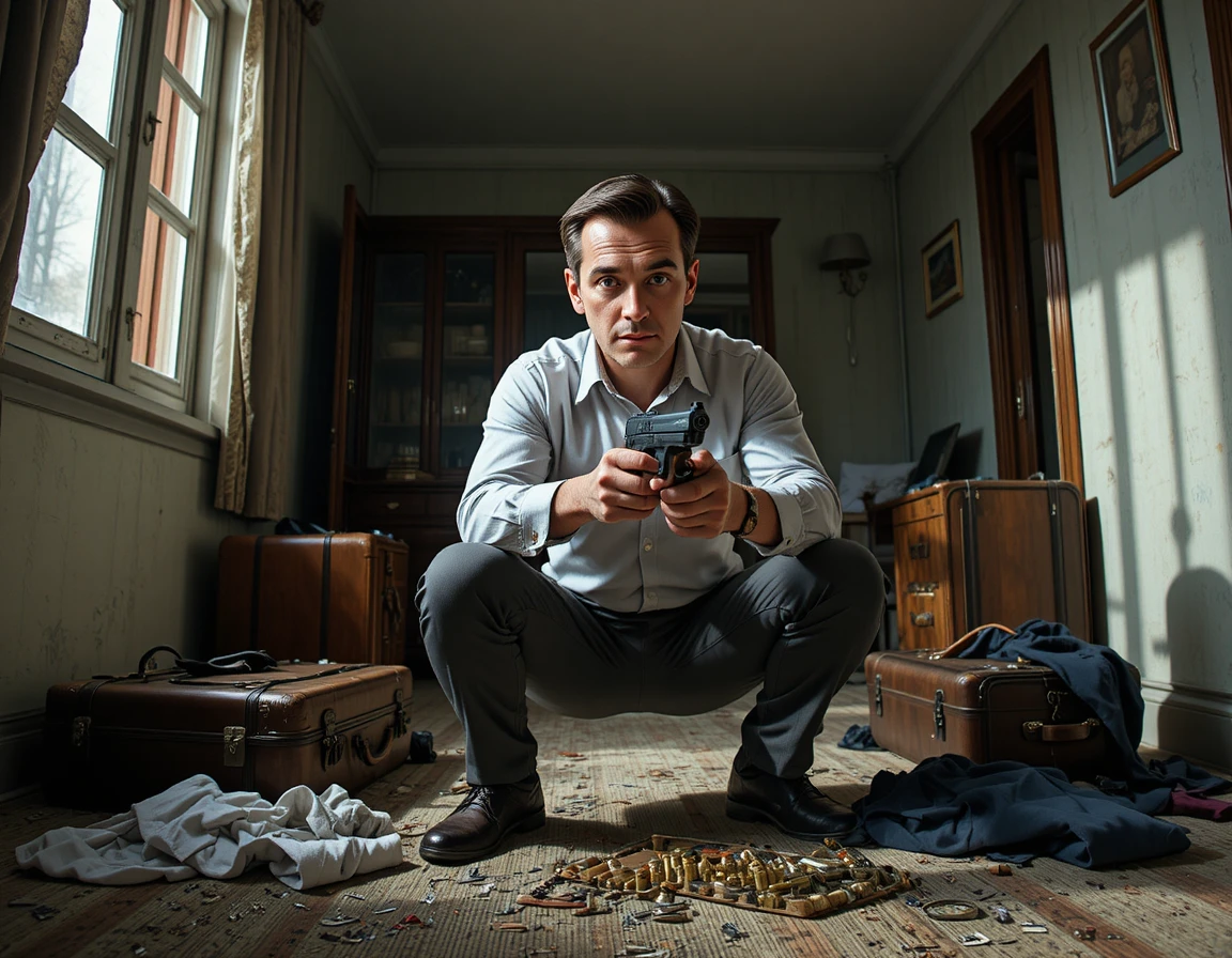 Determined man loading pistol in dim hotel room