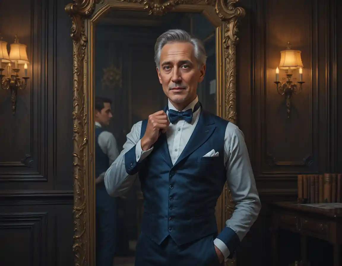 Eleganter mittelalter Mann, der seine Krawatte im barocken Spiegel richtet