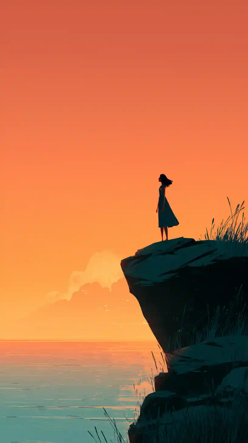 Donna su scogliera sul mare al tramonto in illustrazione minimalista