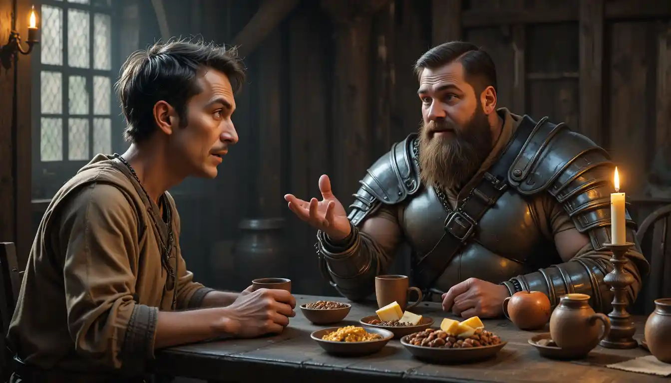 Medieval warrior and commoner talking at a rustic tavern table