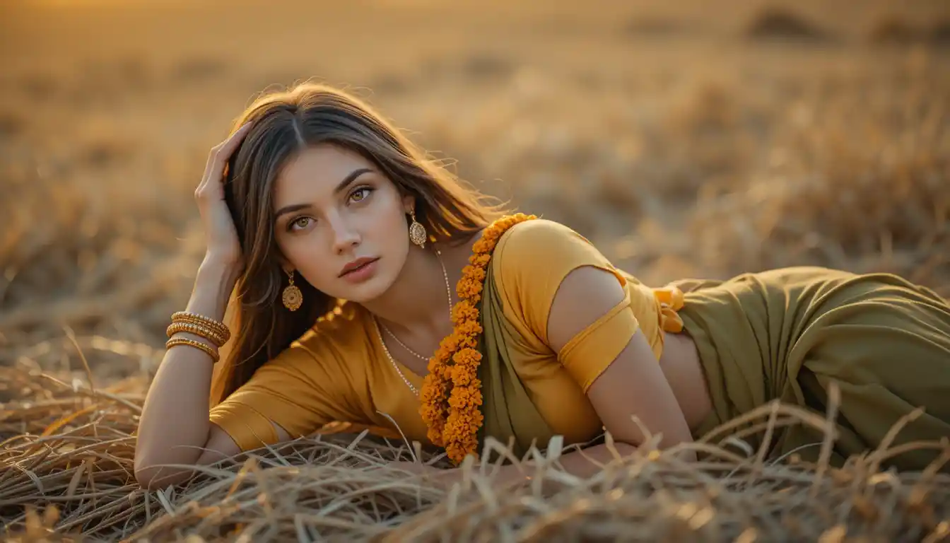 Donna dell'India meridionale che riposa sull'erba secca all'ora d'oro