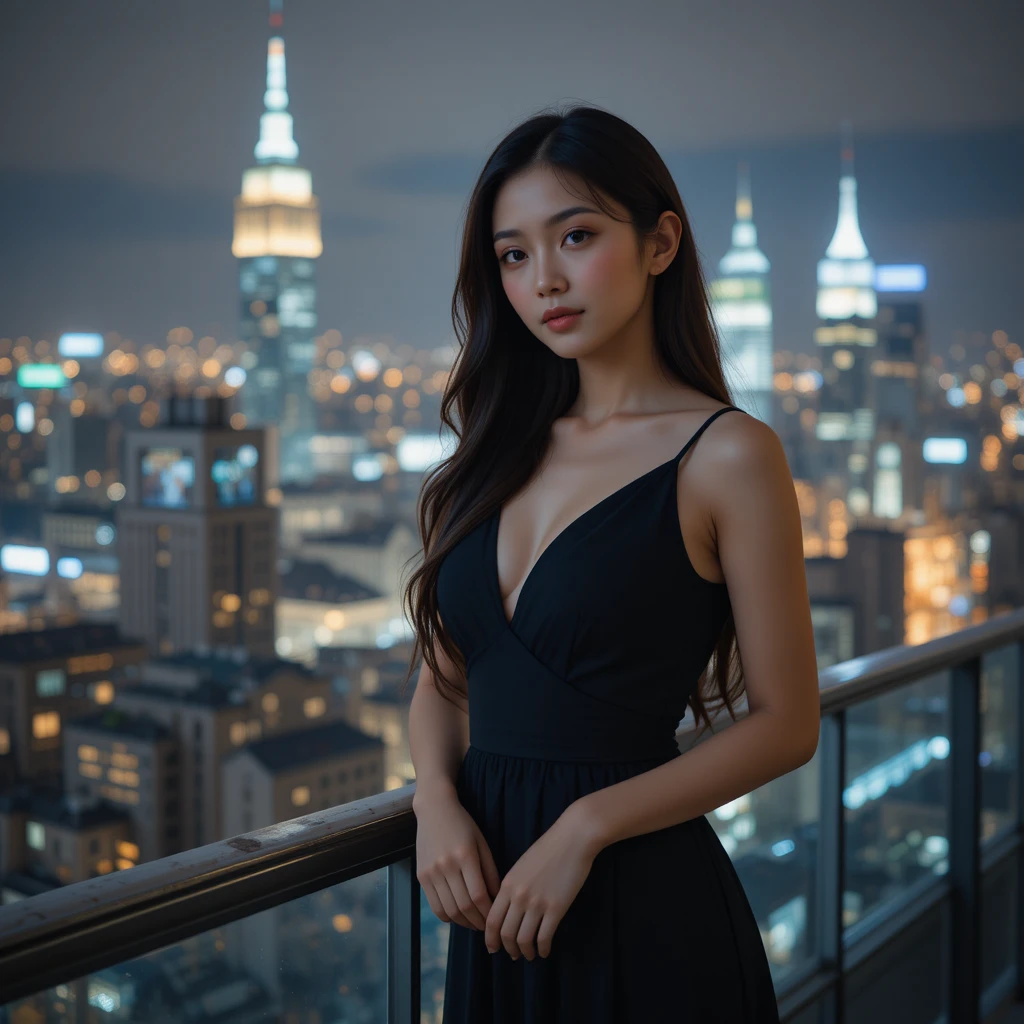 Giovane donna asiatica su un balcone sopra una scintillante skyline cittadina