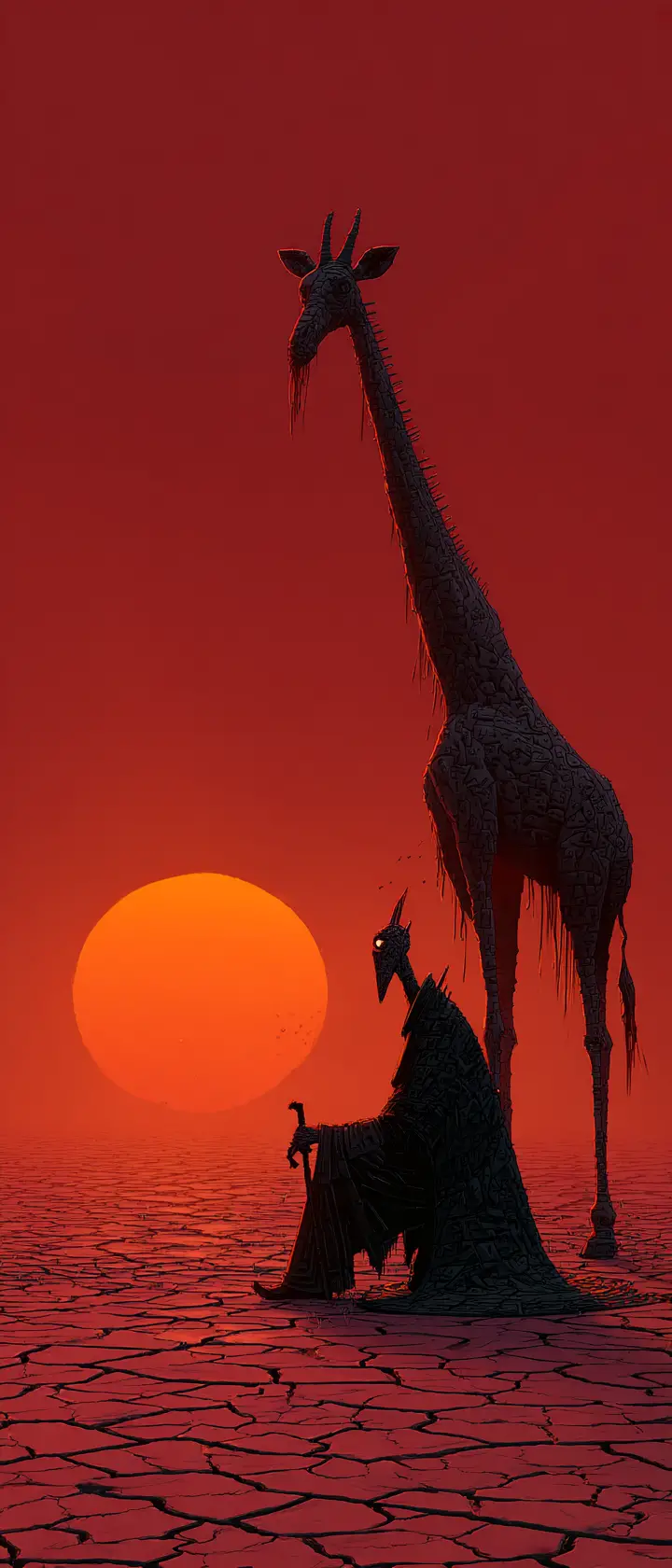 Solitary anime samurai beside a fading giraffe companion