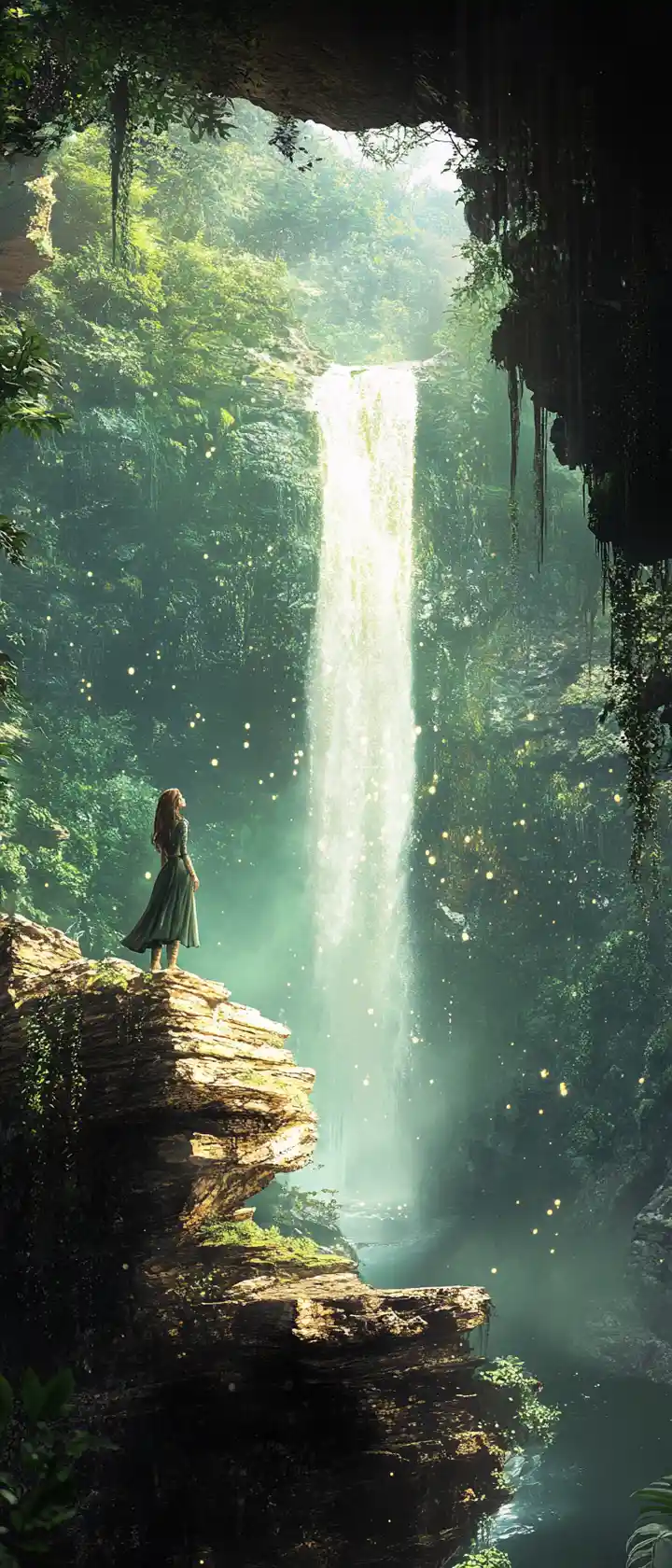 Sorceress At Ancient Waterfall Grotto In Sunlit Mist