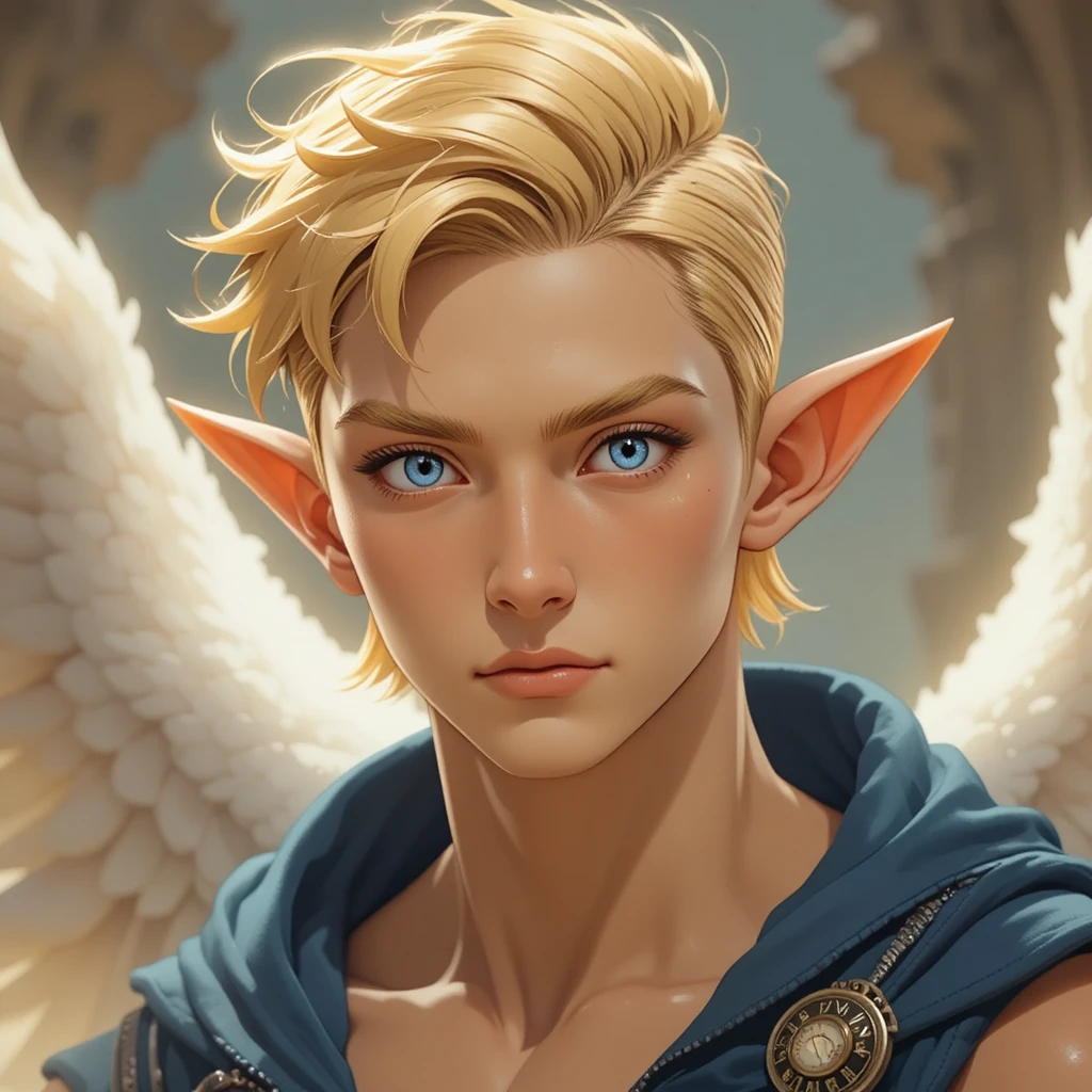 Young angelic warrior man with white wings in fantasy world