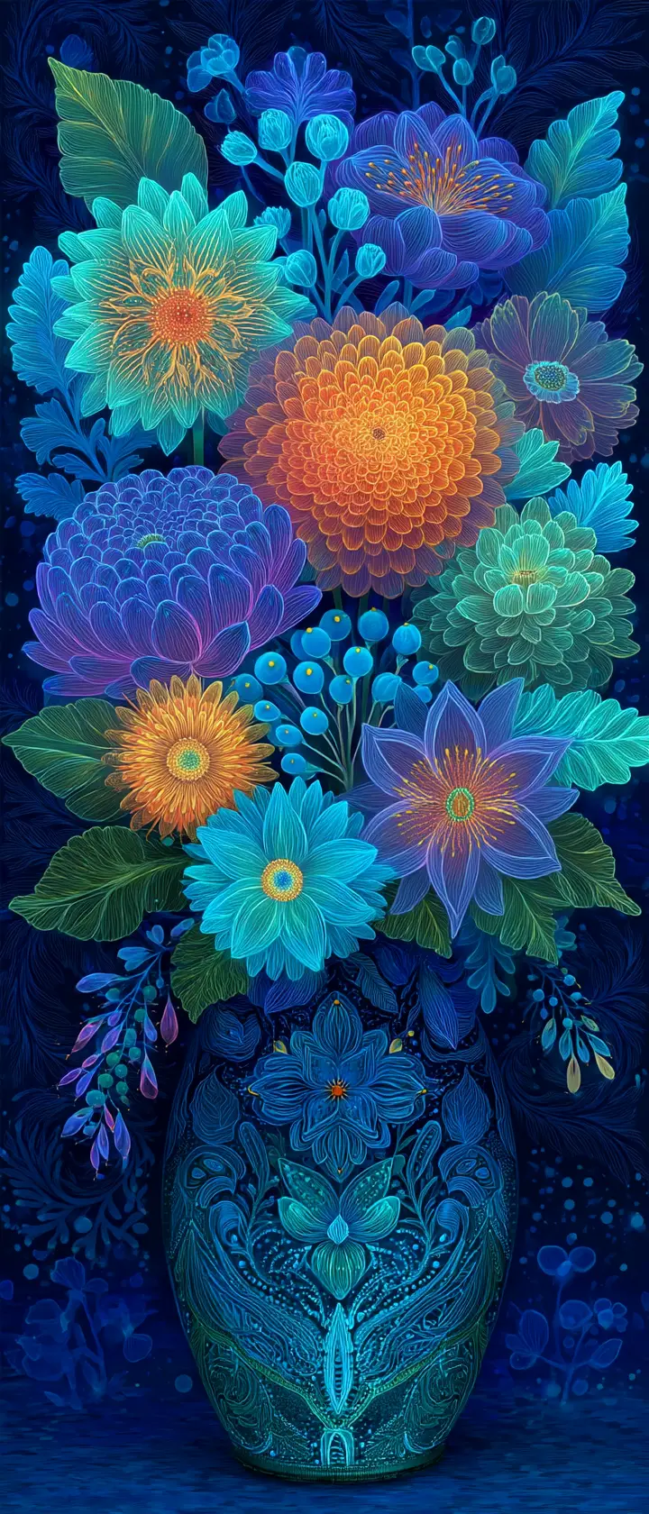Neon flower vase under blacklight on dark abstract background