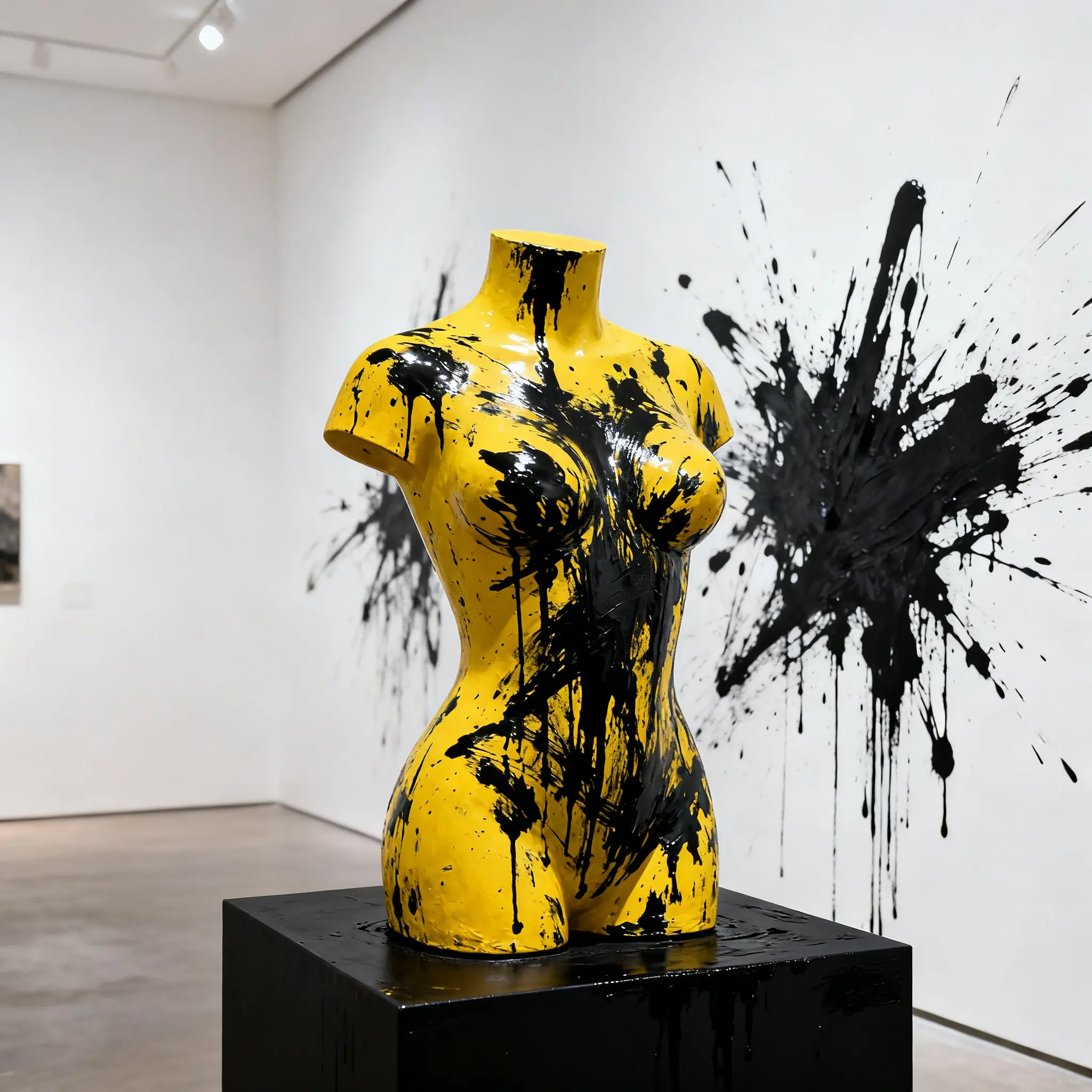 Escultura de busto abstrato amarelo em pedestal preto