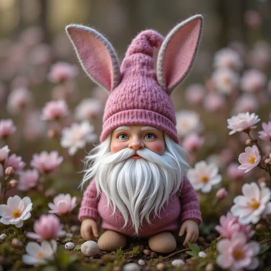 Whimsical Easter gnome with bunny ears among spring blossoms