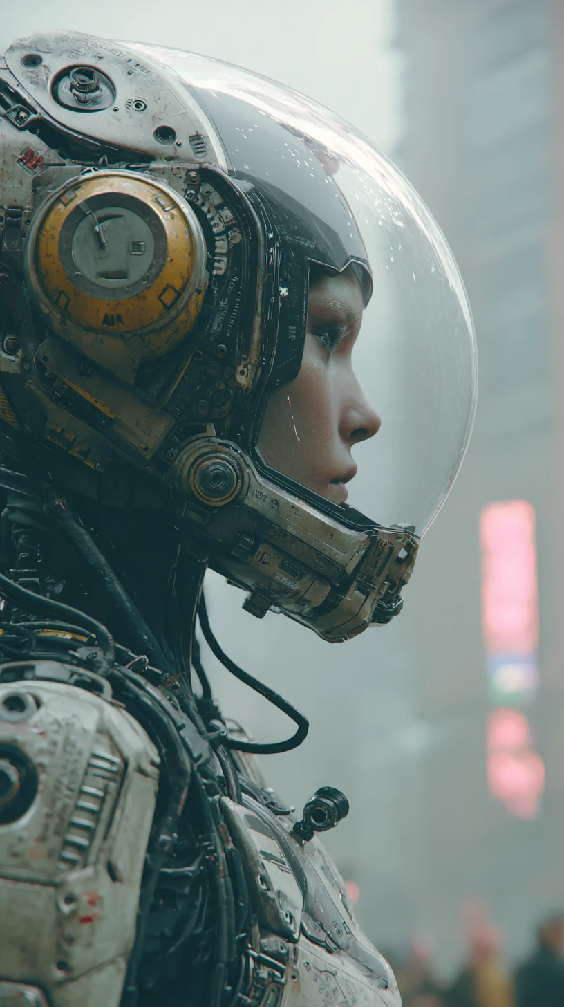 Gros plan d’une femme de science-fiction enfermée dans une prison futuriste