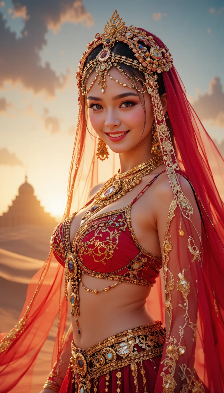 Smiling desert dancer in crimson and gold at sunset
