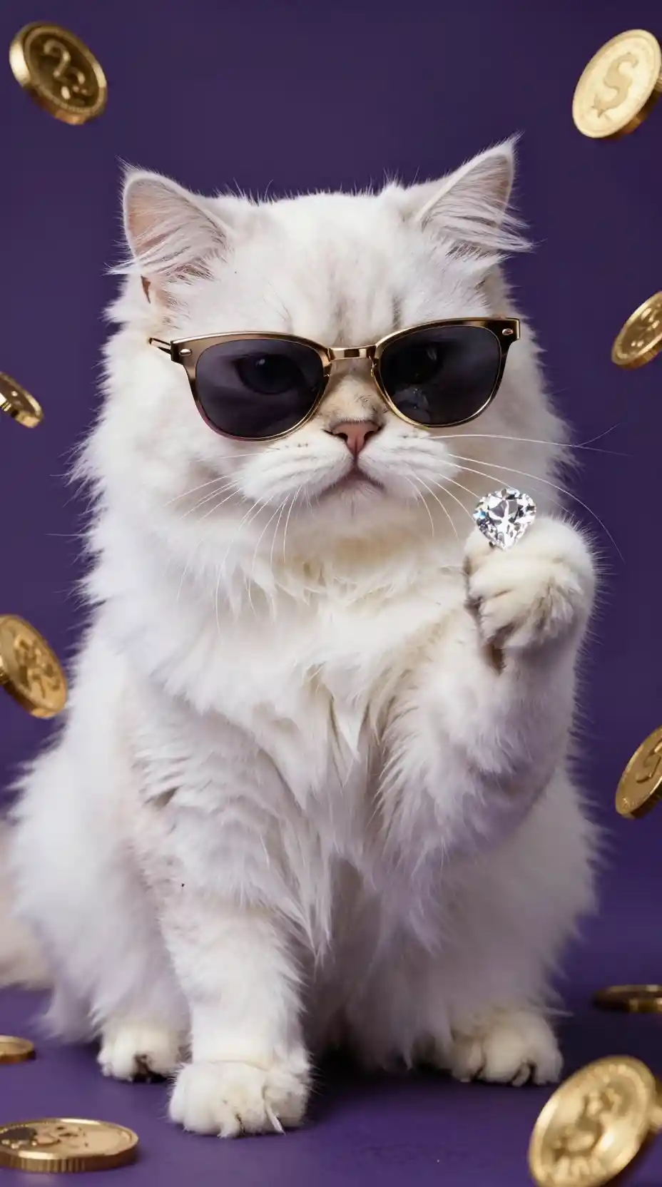 Gatto bianco con occhiali da sole, monete d'oro e diamante