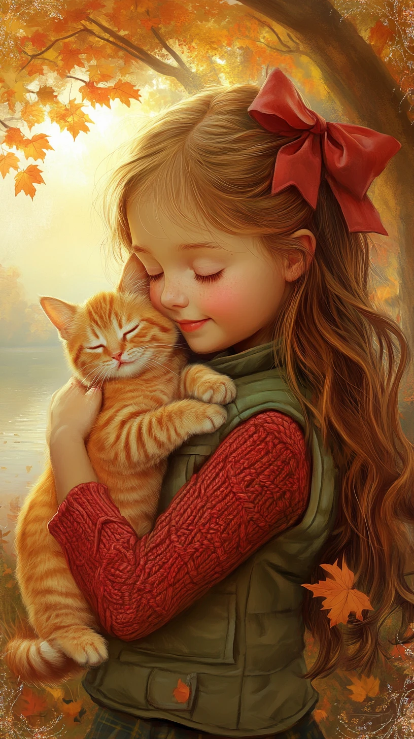 日の出の秋景色で子猫を抱きしめる少女
