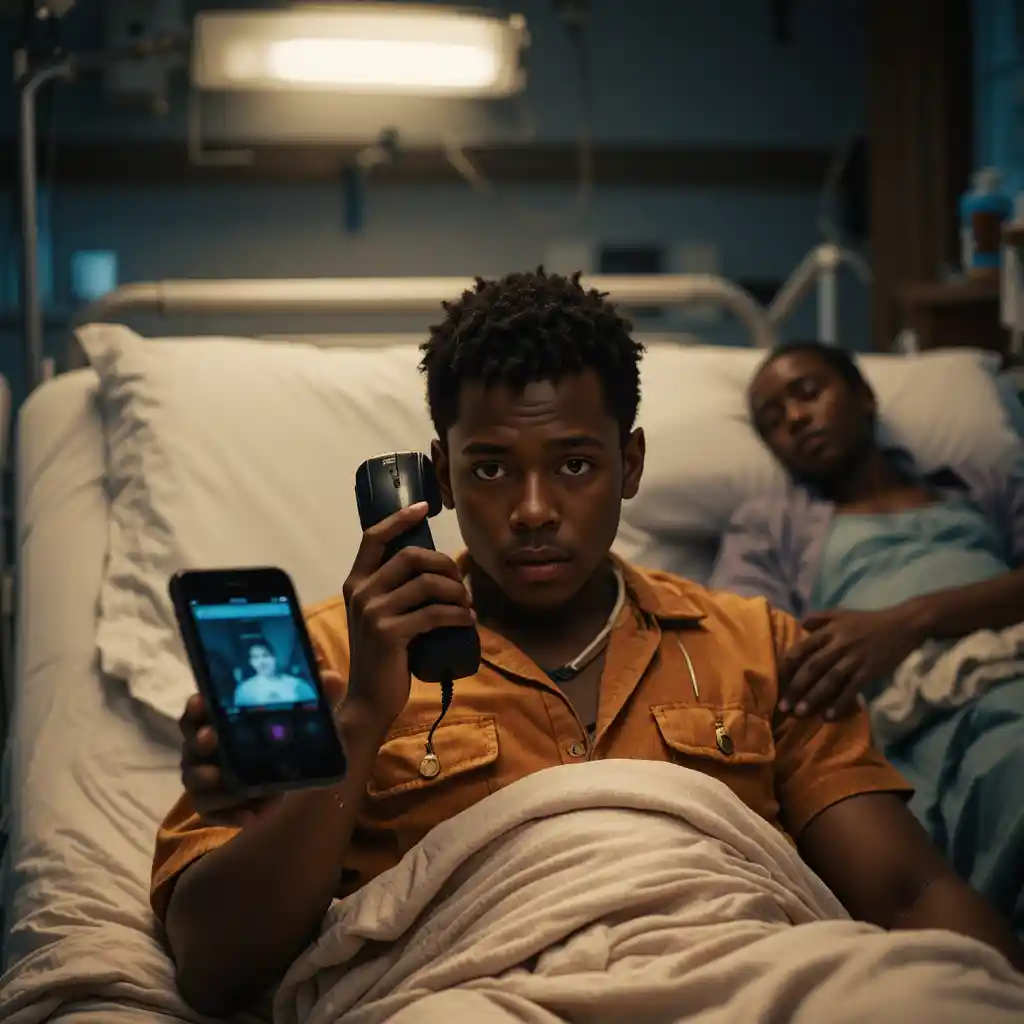 Anxious teenage boy holding phone by sleeping parents