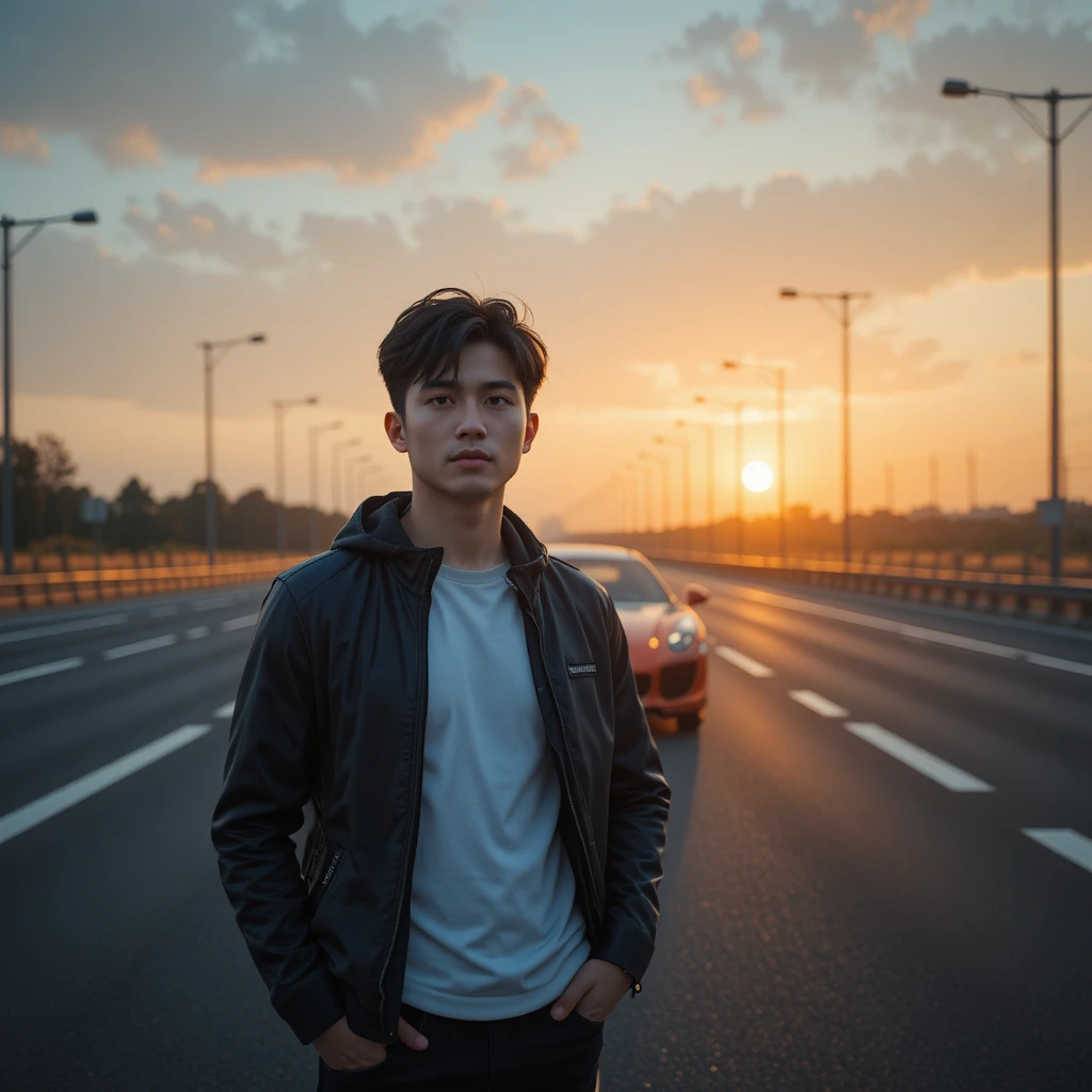 Confident young man on a modern highway at sunset
