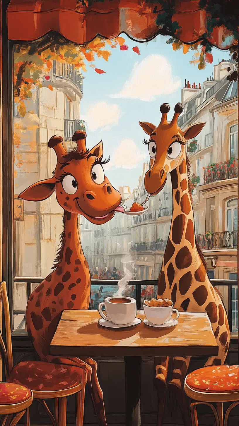 Hippo And Giraffe Drinking Tea At A Paris Cafe