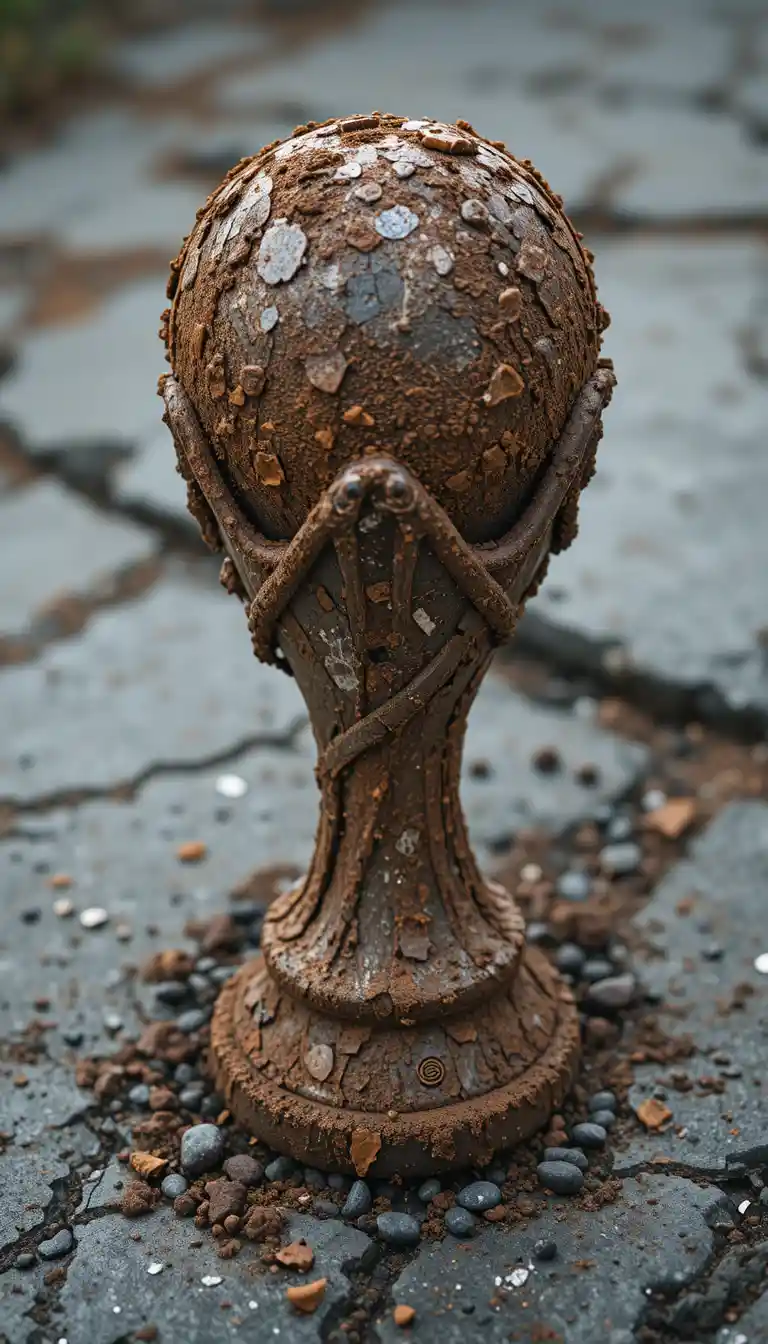 Verrostete Weltpokal-Trophäe auf rauem grauem Stein im Freien