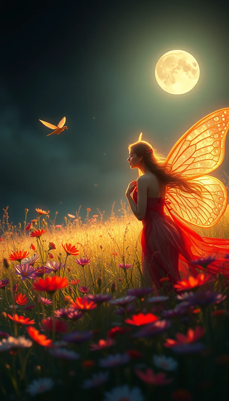 Tiny red fairy flying over a moonlit flower meadow