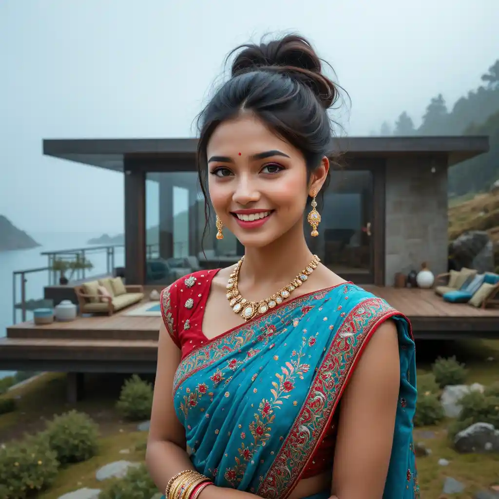 Joyful Indian girl in sea blue saree close up portrait