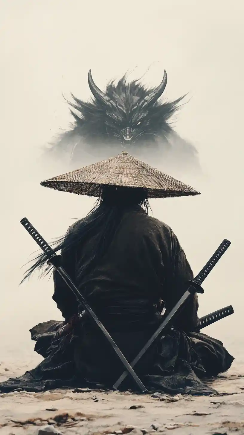 Solitary samurai kneeling in sand before a shadowy dragon