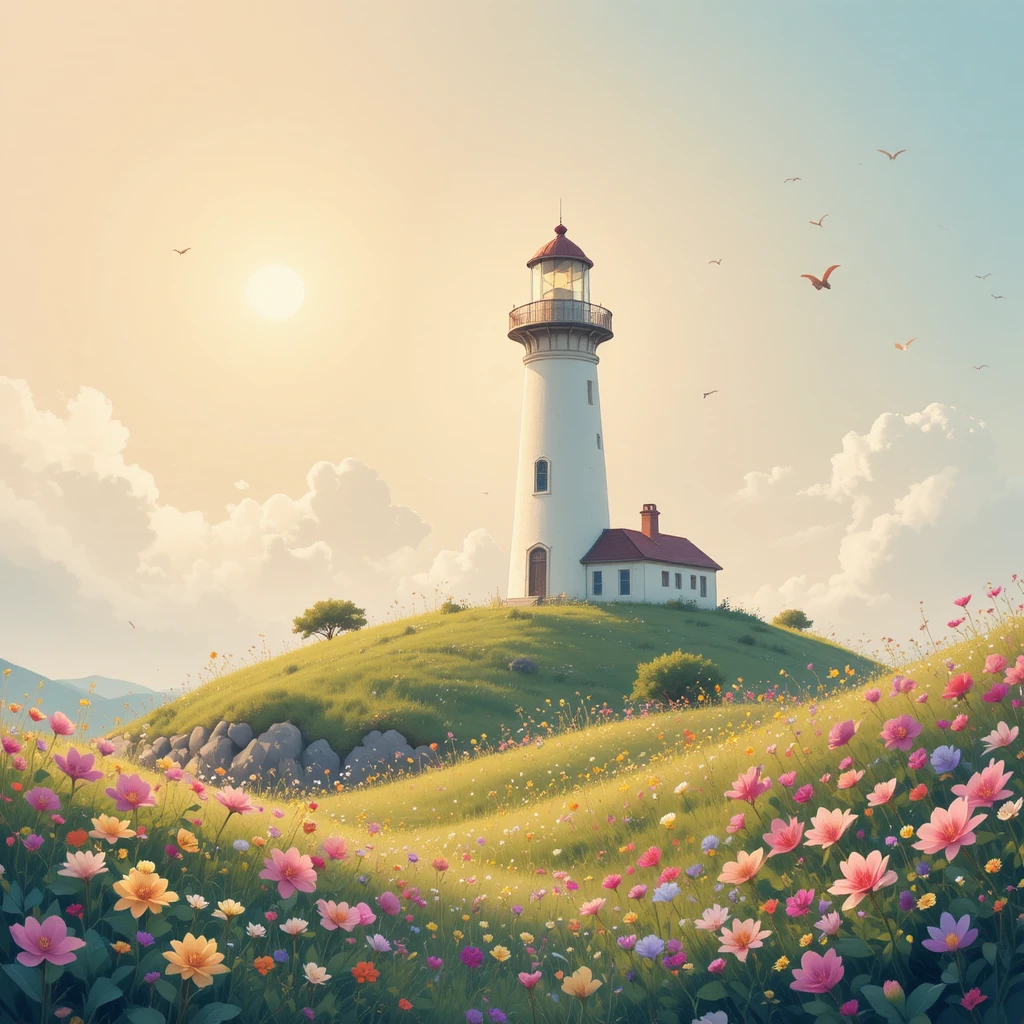 Phare pastel sur une colline verdoyante aux fleurs de printemps