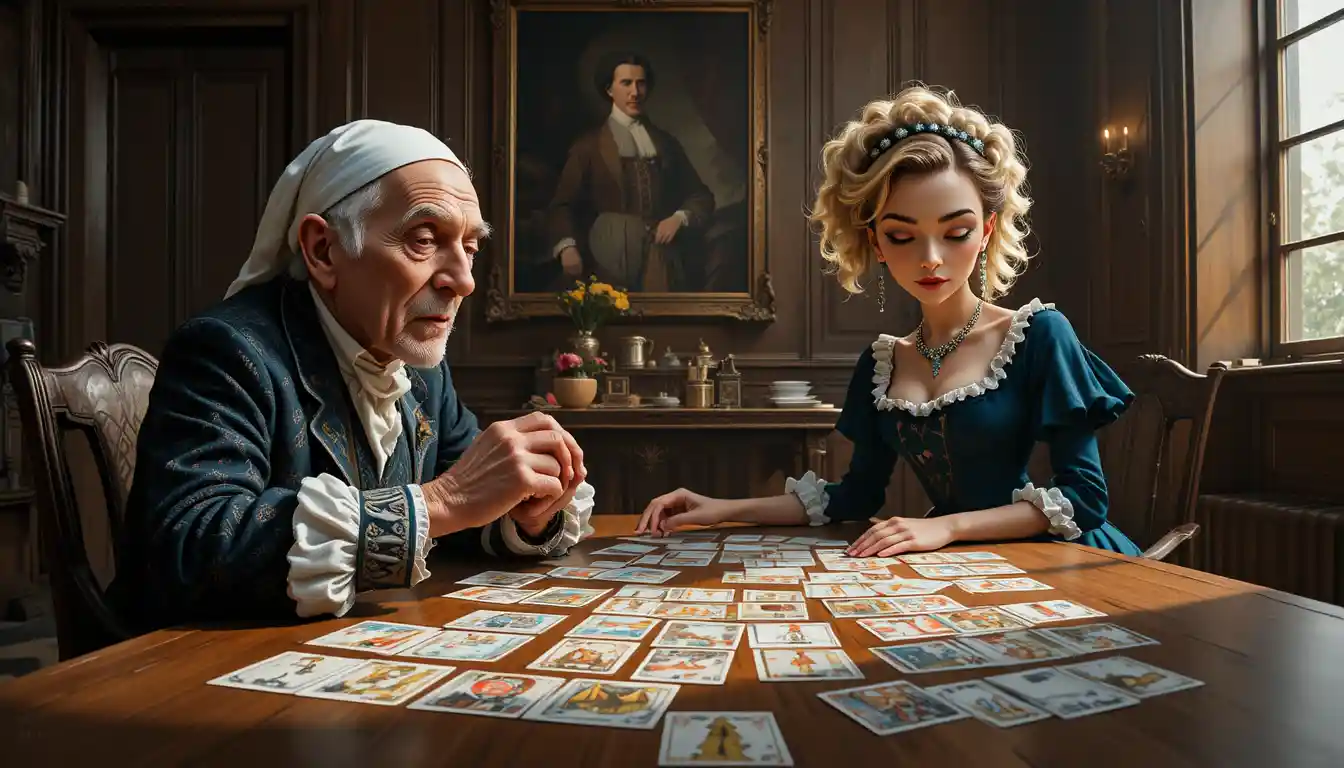 Elderly man and young woman reading tarot cards