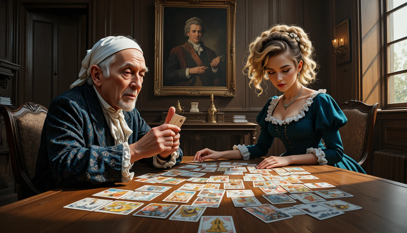 Junge Frau legt Tarotkarten neben älterem Mann