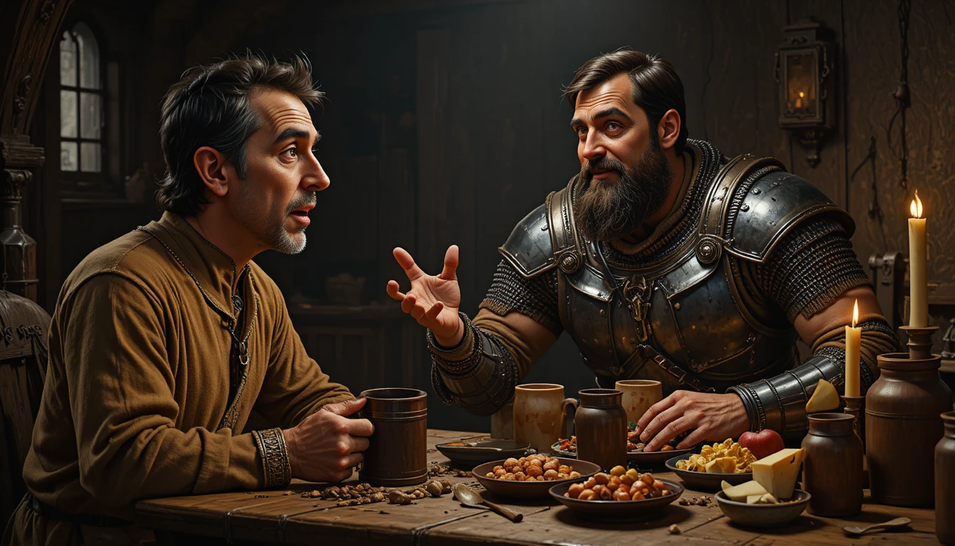 Medieval warrior talking with commoner in candlelit tavern
