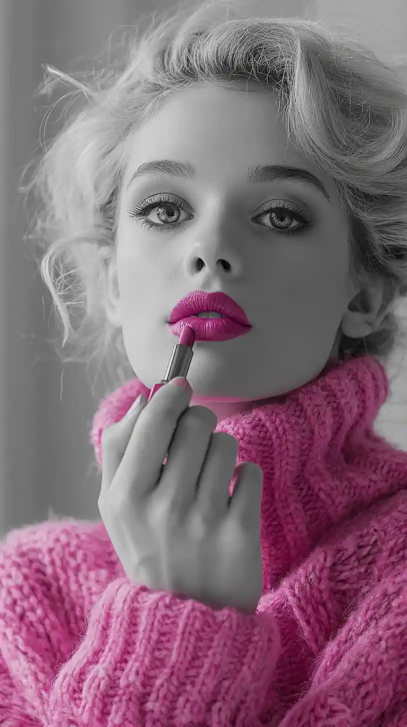Woman applying pink lipstick in close up portrait