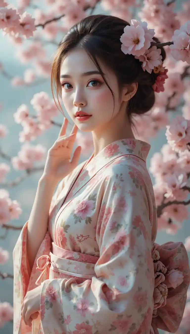 Elegant woman in cherry blossom kimono facing the viewer
