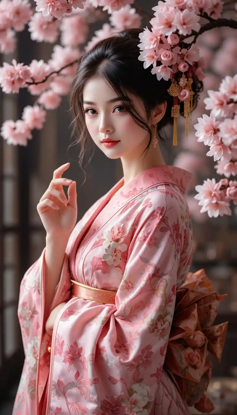 柔和光暈下櫻花和服的優雅女子