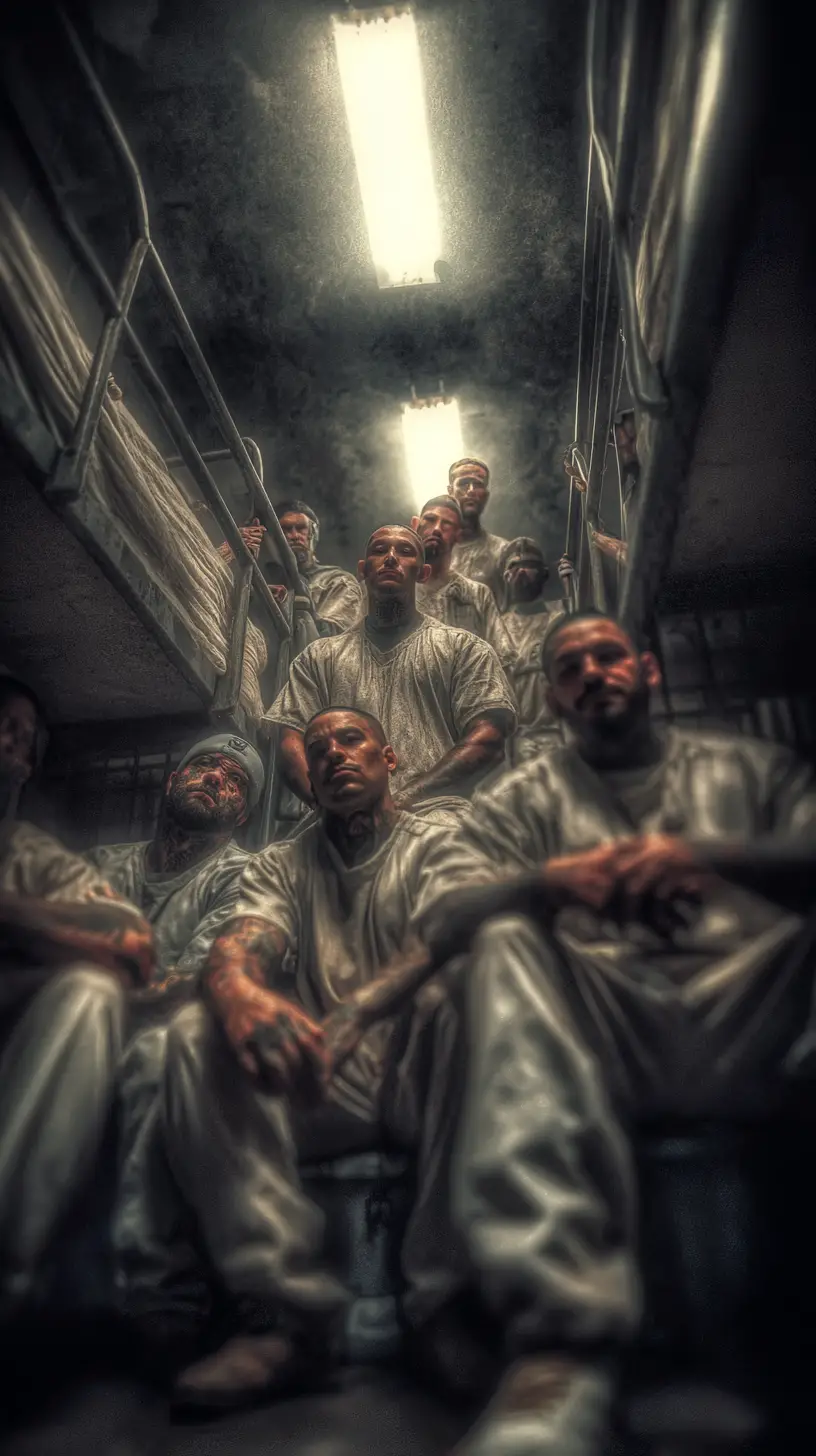 Latino gangsters fighting inside a crowded prison cell