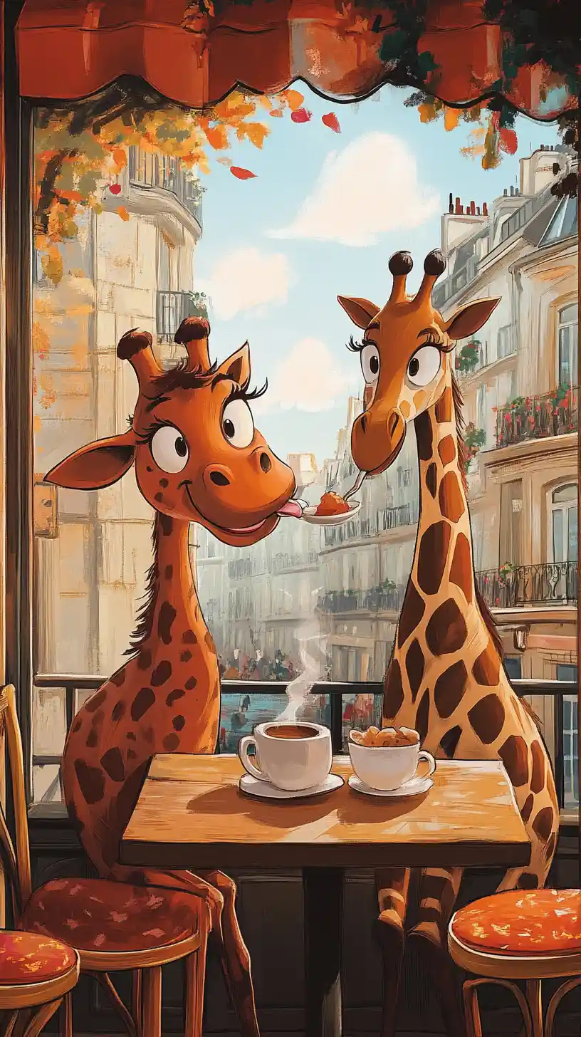 Nilpferd und Giraffe trinken Tee in einem Pariser Café