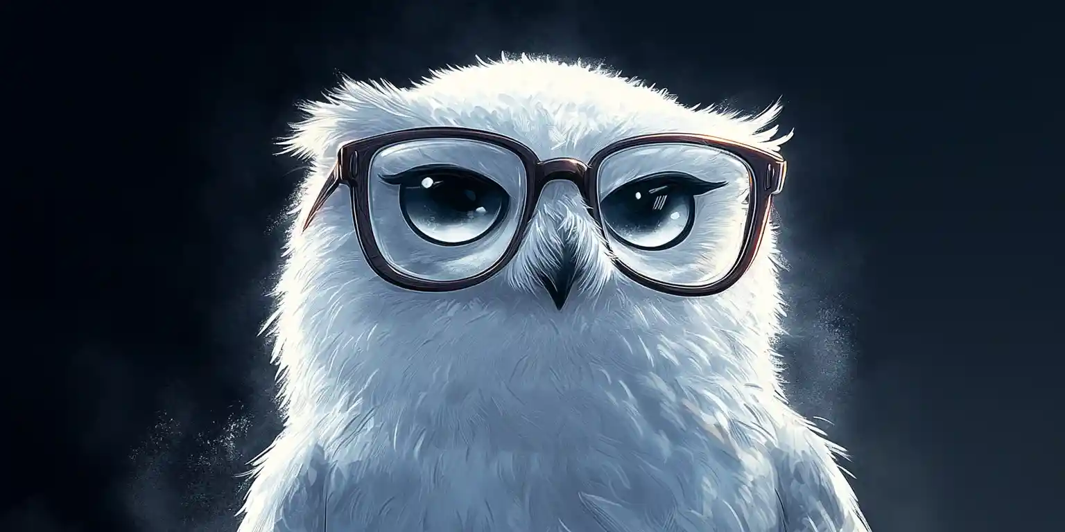 Sarcastic Cartoon Snow Owl With Glowing Eyes In Darkness