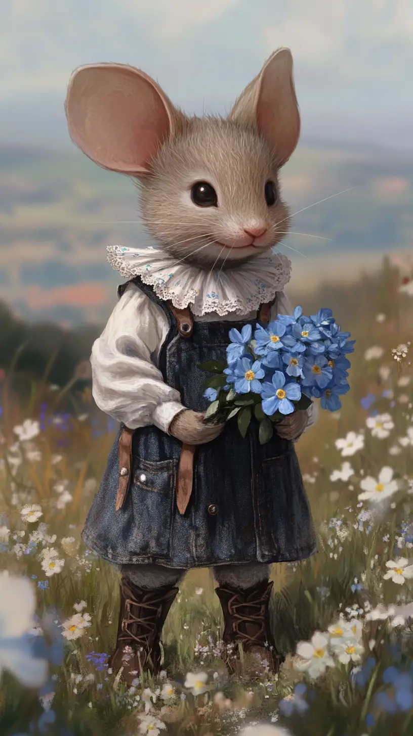 Anthropomorphic baby mouse in blue overalls among wildflowers