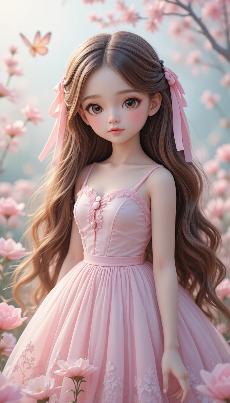 Cute doll like girl in pastel dress in flower garden