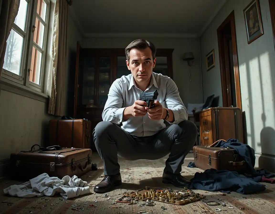 Determined man loading pistol in dim hotel room